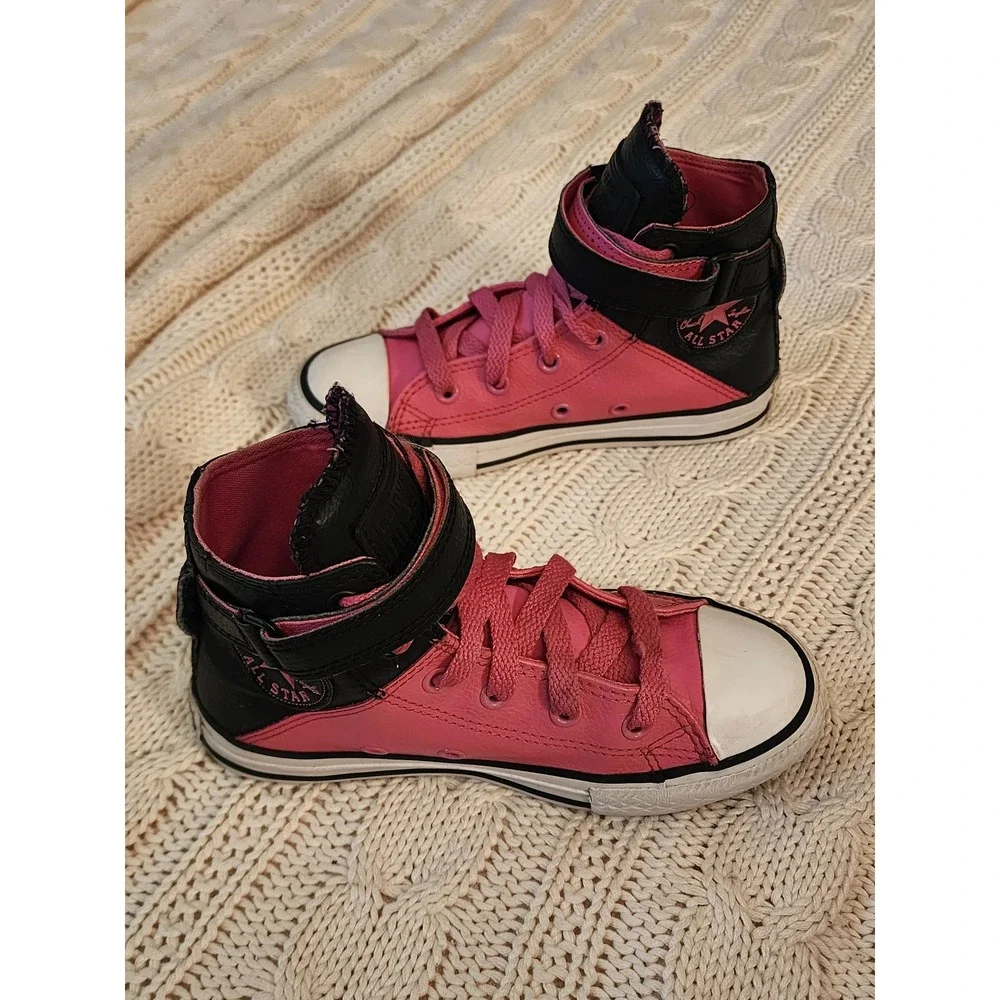 Converse Chuck Taylor All Star Brea Hi Pink Black Leather Shoes Kids Size 13